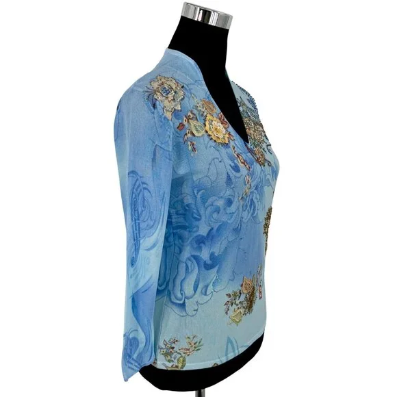 Vtg Alberto Makali Embroidered Floral Beaded Sequin Blue Knit Top M | Boho Indie - Picture 12 of 16